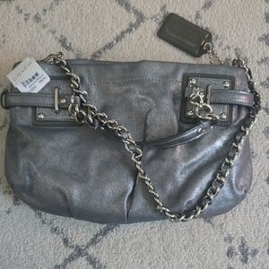 Coach Silver Metallic Shoulder Bag with Chain Accents